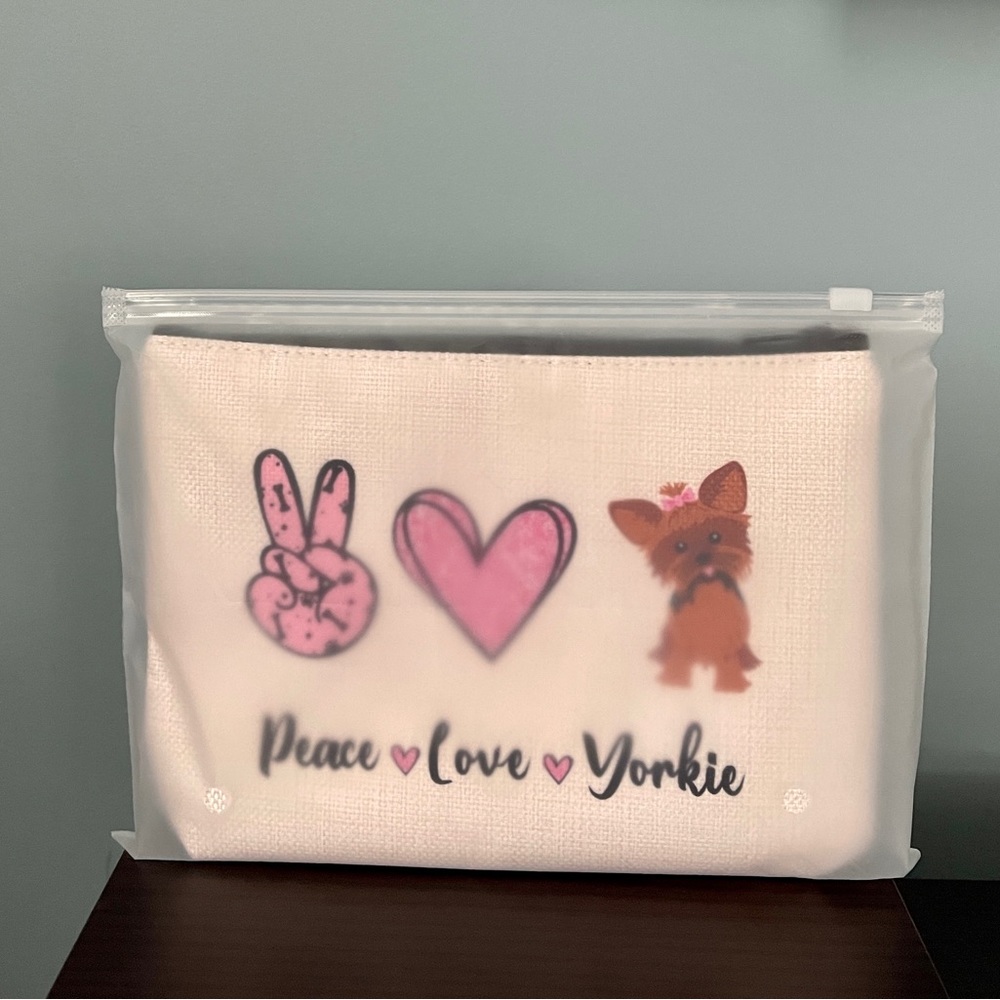 Peace Love Yorkie bag, Dog lover bag can hold most of your makeup & accessories